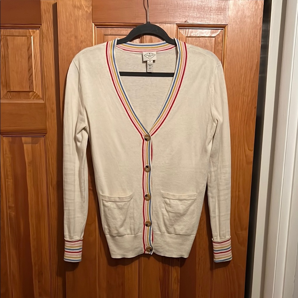 Cream Cardigan with Colorful Rainbow Trim